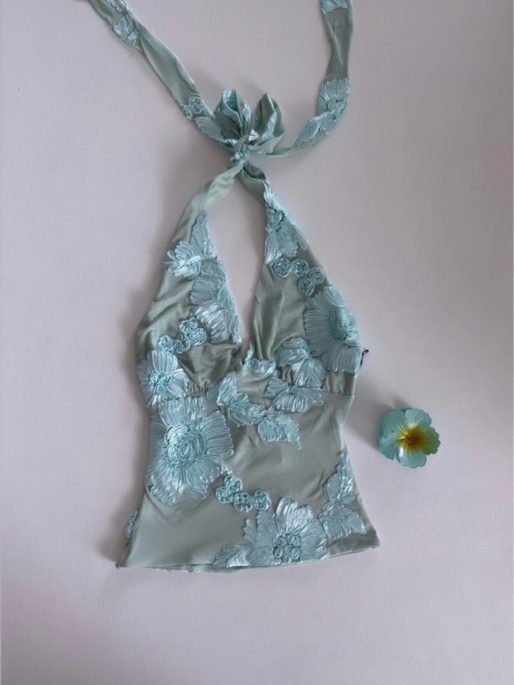 Aqua Floral Embroidered Halter Top
